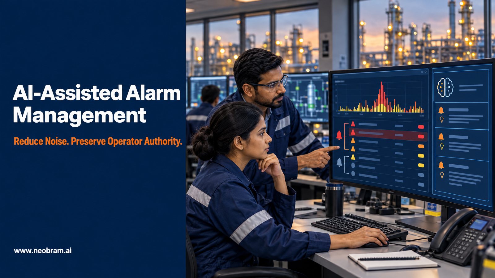 Control-room operator and process engineer reviewing grouped alarm episodes, standing alarms and an AI advisory queue on an industrial HMI