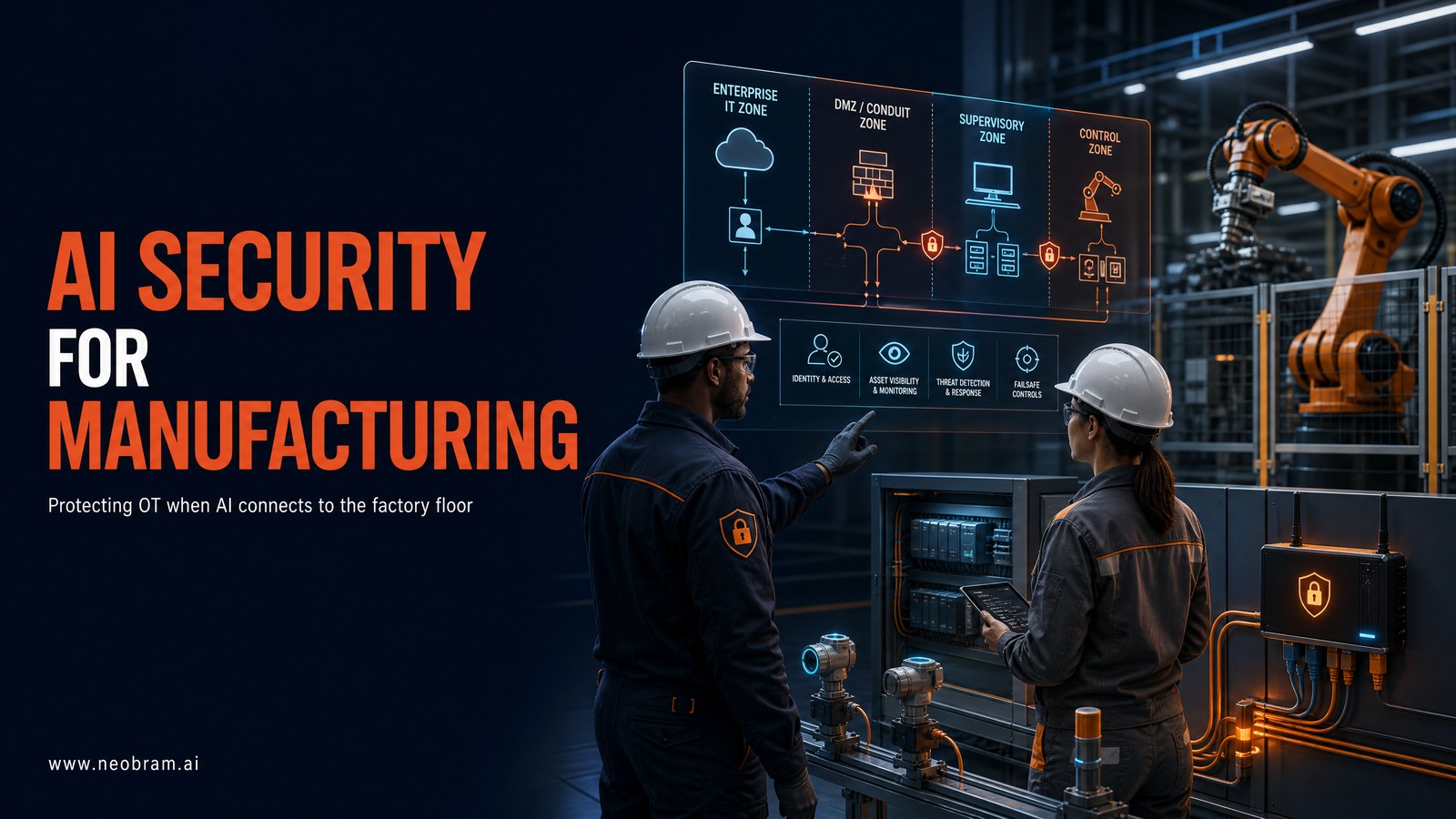 A plant cybersecurity lead and controls engineer review a segmented factory network dashboard beside a robotic production cell