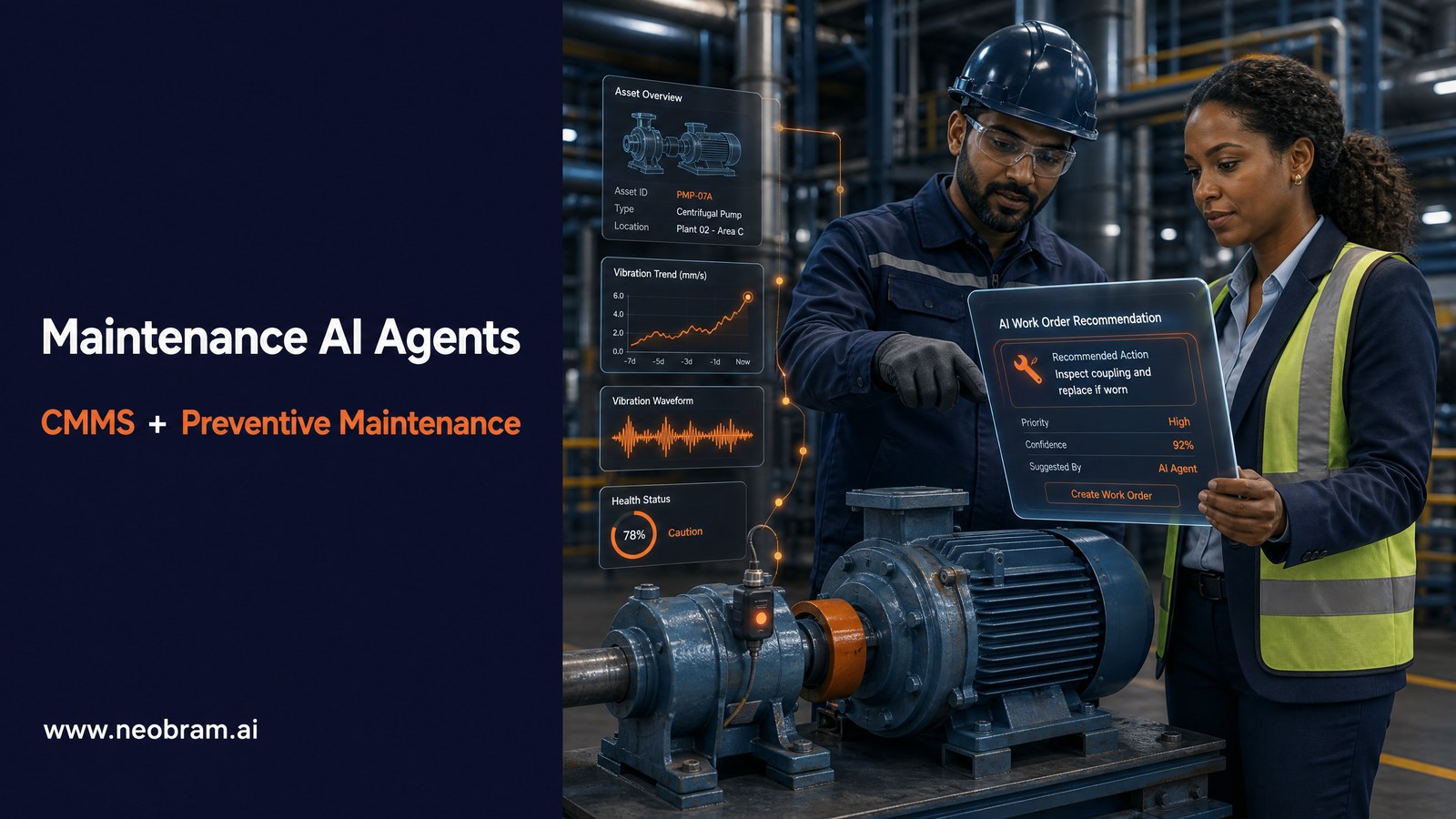 Maintenance engineer and operations manager reviewing an AI-generated work-order recommendation beside a monitored industrial pump