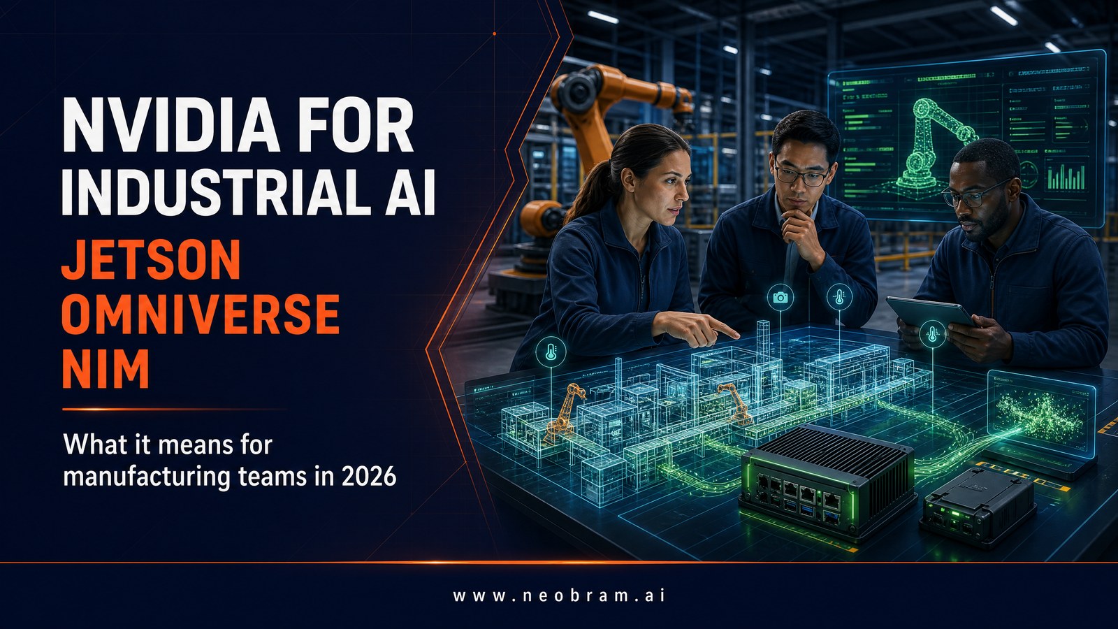 Three manufacturing professionals review a dark industrial AI command center with a robotic arm, a factory digital twin and an edge computing module
