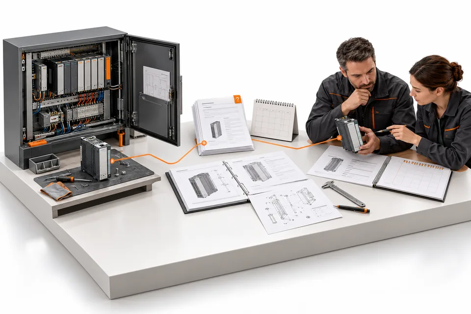 Conceptual control hardware, dated lifecycle evidence and engineers reviewing a replacement plan