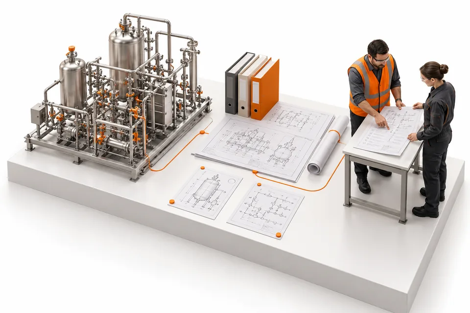 Conceptual process equipment, approved technical records and engineers reviewing a change