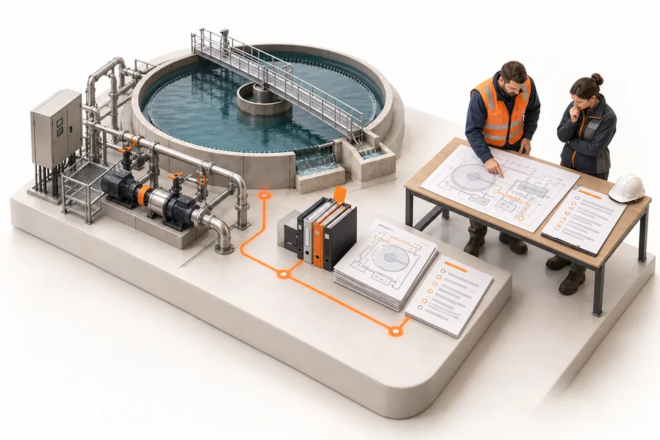 Conceptual water-treatment equipment and engineers checking an evidence-based plan
